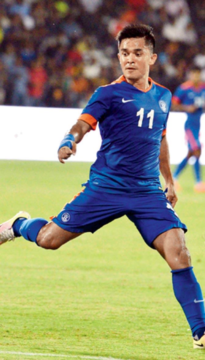 Sunil Chhetri scored India’s first goal against Cambodia yesterday  