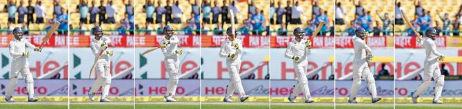 This combination of images shows India’s Ravindra Jadeja using his bat like a sword as he celebrates after reaching his half century during the third day of the fourth and final Test against Australia at the Himachal Pradesh Cricket Association Stadium (HPCA) in Dharamsala yesterday. He ended up scoring 63 for India to score 332. Pic/AFP