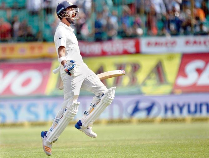 India’s KL Rahul celebrates after hitting the winning runs against Australia at Dharamsala on Tuesday. Pic/PTI