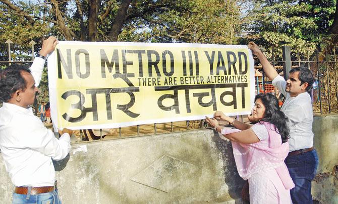 File picture of volunteers protesting against the proposed Aarey car shed