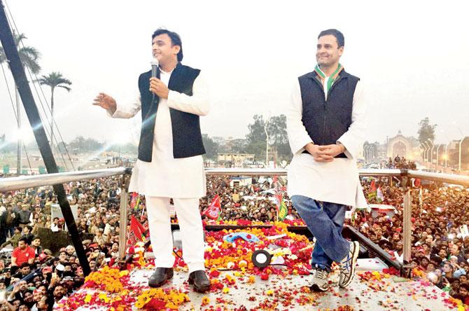 Akhilesh Yadav and Rahul Gandhi. Pic/PTI