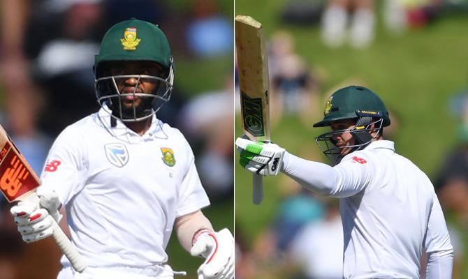 Temba Bavuma and Quinton de Kock celebrates 50 runs during day two of the second Test cricket match between New Zealand and South Africa. Pic/AFP