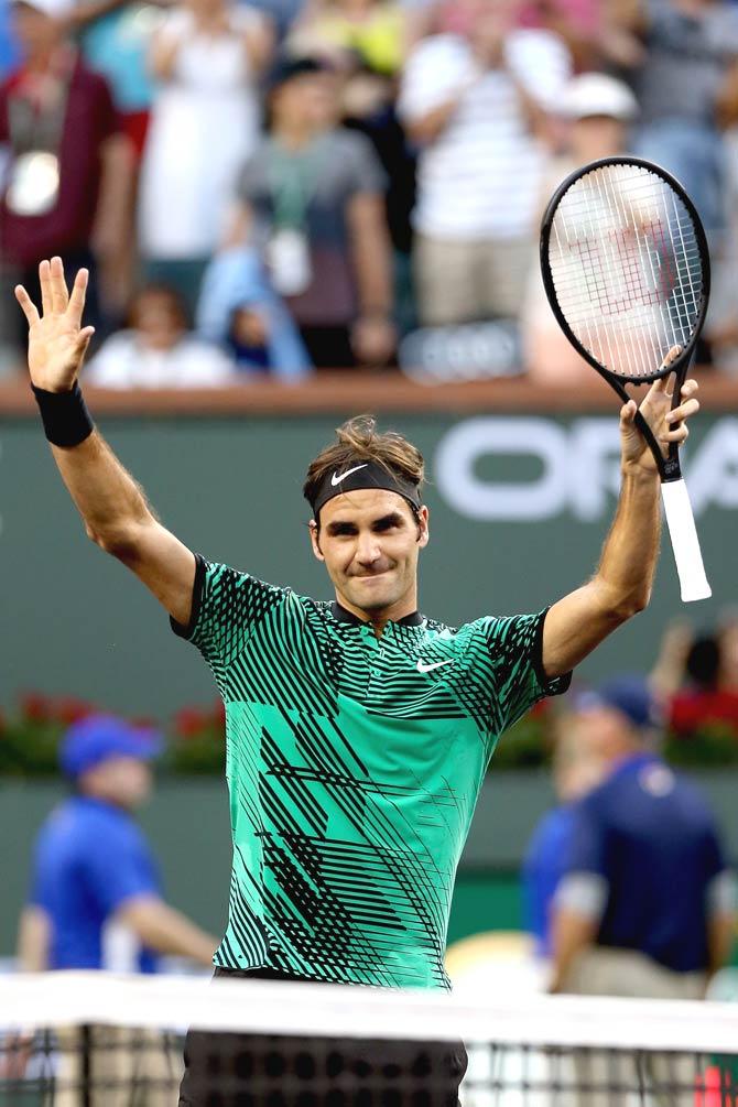 Roger Federer of Switzerland celebrates his win over Rafael Nadal