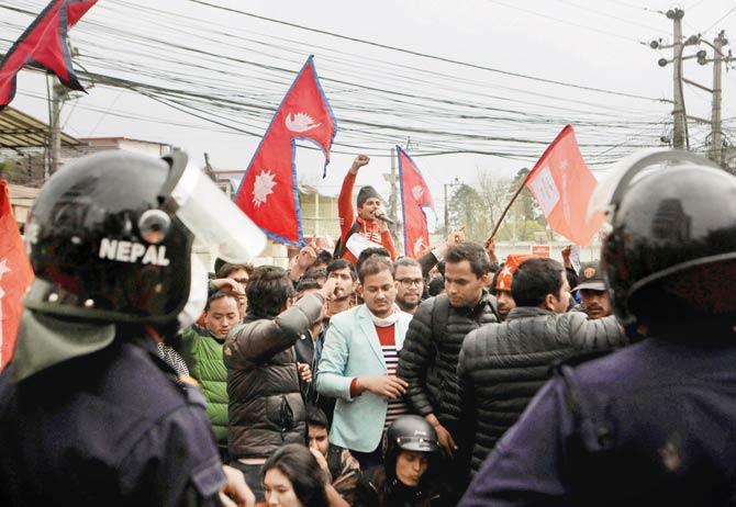 Nepalese students shout slogans against the Indian government near the Indian Embassy in Kathmandu after the incident. Pic/AP