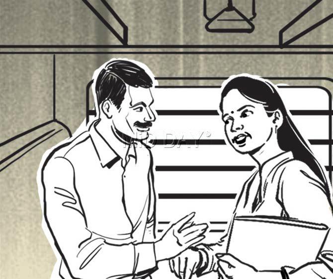 The 27-year-old woman, in the quest for a job, was on her way to Mumbai on March 8 when she befriended Santosh Kanojia on the train. He told her he had a place to rent in Bhiwandi and that he would help her in the job hunt. She agreed to go with him and had been with him a week. Illustration/Ravi Jadhav