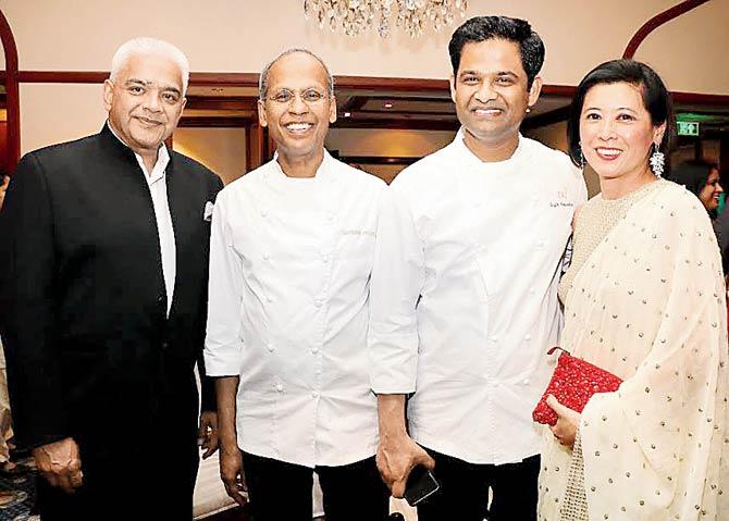 Rakesh Sarna and his wife Mae with (second from left) chef Sriram Aylur and (to his left) chef Srijith Gopinathan 
