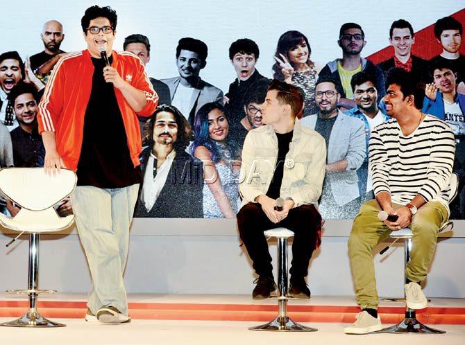(From left) Tanmay Bhat, Mike Tompkins and Zakir Khan on the eve of the fest. Pic/Shadab Khan