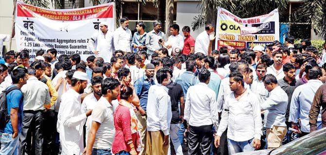 The Uber and Ola drivers protesting yesterday complained that their incentives had been slashed and they were fined heavily even when they were not at fault. Pic/Nimesh Dave