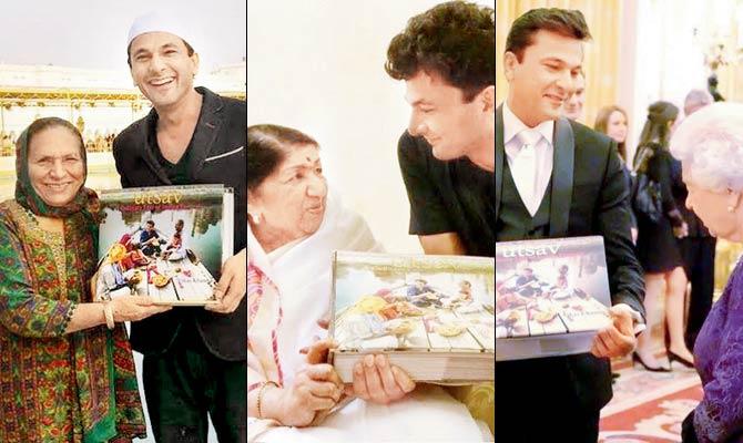 Vikas Khanna with his mother Bindu and (below left) with Lata Mangeshkar and (below right) with Queen Elizabeth II