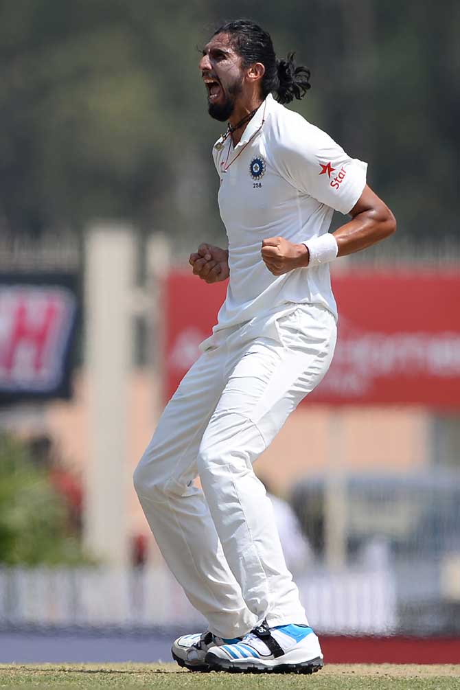 Indian bowler Ishant Sharma celebrates after he dismissed Australian batsman Matthew Renshaw during the fifth day of the third cricket Test match between India and Australia at the Jharkhand State Cricket Association (JSCA) Stadium complex in Ranchi on March 20, 2017.
