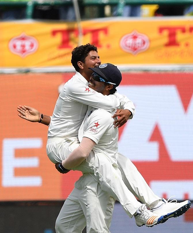 Kuldeep Yadav celebrates a wicket