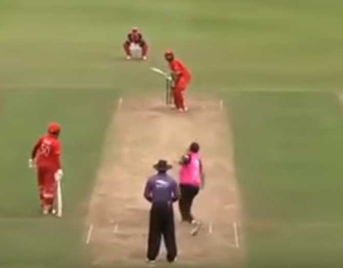 Misbah hitting one of the sixes during his knock. Pic/YouTube