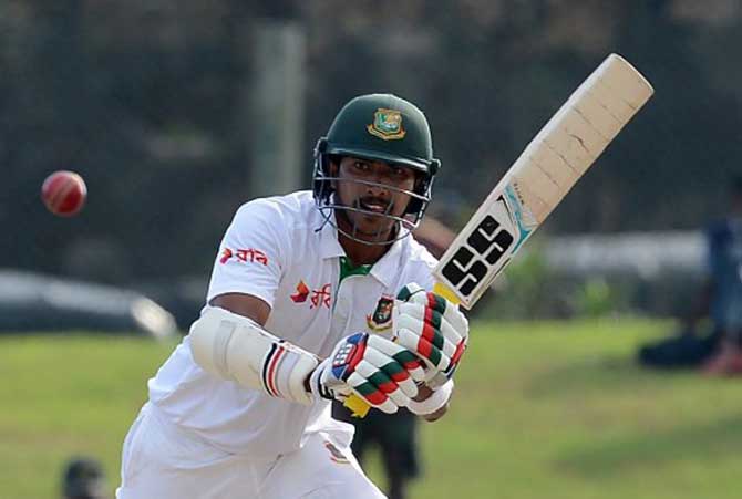 Bangladesh cricketer Soumya Sarkar plays a shot during the fourth day of the opening Test match between Sri Lanka and Bangladesh at the Galle International Cricket Stadium in Galle.