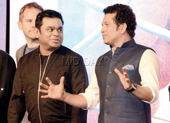 Renowned music composer AR Rahman (left) and India icon Sachin Tendulkar at the song launch for the upcoming film Sachin: A Billion Dreams in Lower Parel yesterday. Pic/Sneha Kharabe