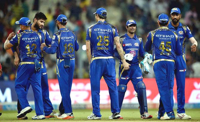 Mumbai Indians cricketers celebrate their win over KKR during IPL Match in Kolkata on Saturday. Pic/PTI