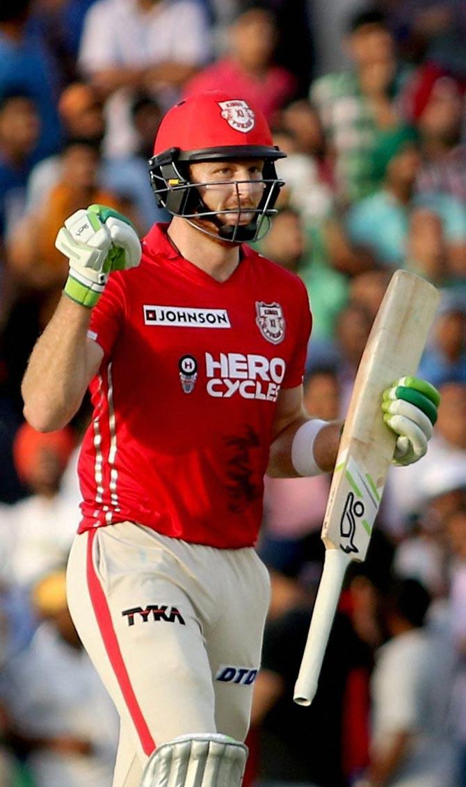 Martin Guptill of Kings XI Punjab celebrates their win against Delhi Daredevils in the IPL match in Mohali on Sunday. Pic/PTI