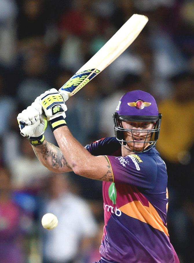Rising Pune Supergiants batsman Ben Stokes plays a shot during the IPL T20 match played against Gujarat Lions in Pune on Monday. Pic/PTI