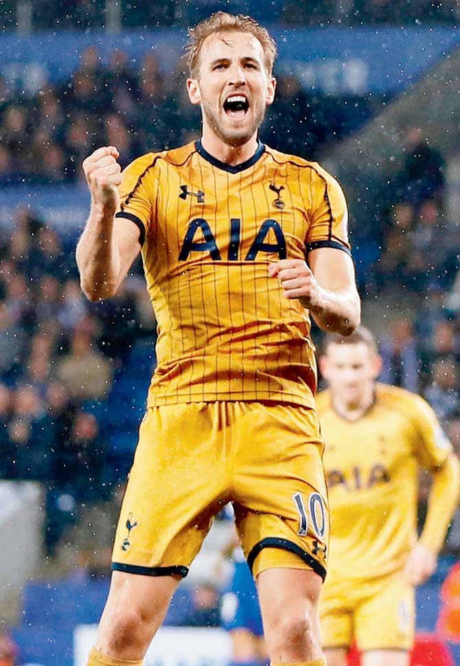 Tottenham striker Harry Kane celebrates after scoring his fourth goal during the EPL match vs Leicester City on Thursday. Pic/AFP