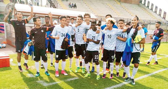 Indian Under-17 World Cup team celebrate their 2-0 win over Italy