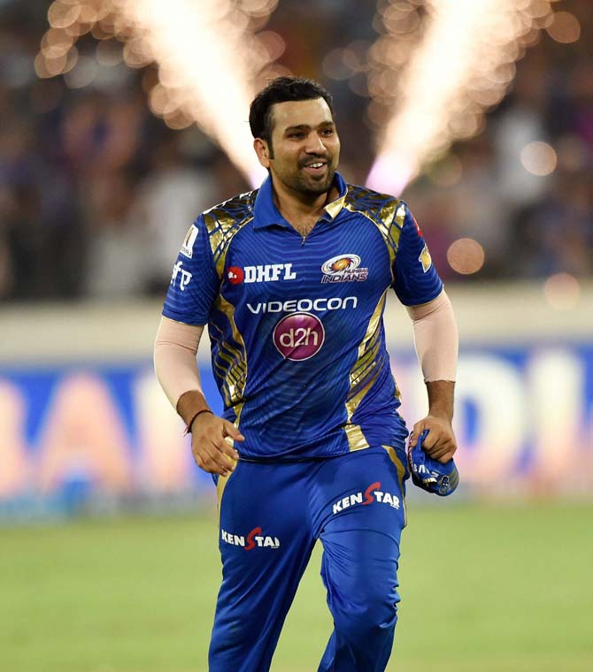 Mumbai Indians Skipper Rohit Sharma exults after winning the IPL 10 Final match against Rising Pune Supergiants in Hyderabad. Pic/AFP