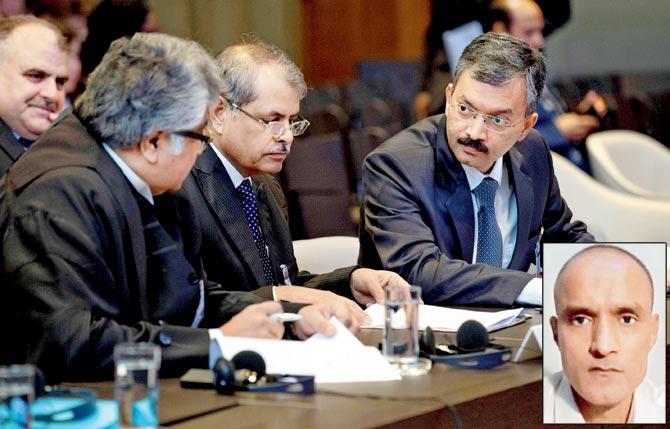 The Indian delegation at the ICJâu00c2u0080u00c2u0088during the hearing in the Kulbhushan Jadhav (inset) case. Pic/PTI