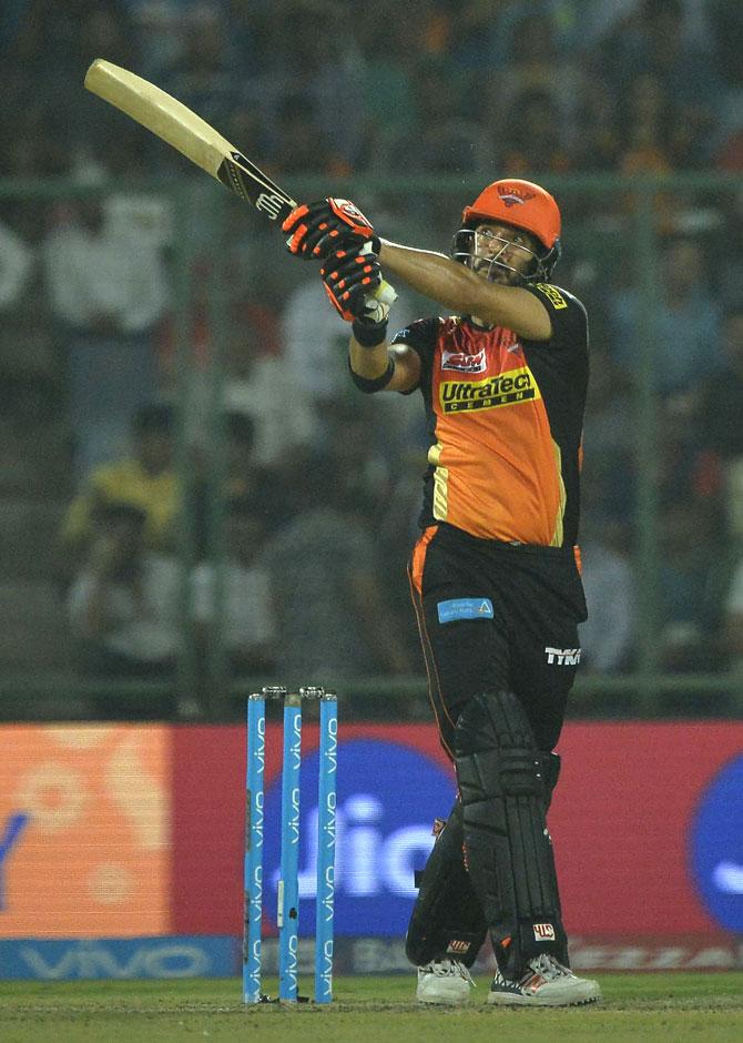 Sunrisers Hyderabad batsman Yuvraj Singh plays a shot during the 2017 Indian Premier League (IPL) Twenty20 cricket match between Delhi Daredevils and Sunrisers Hyderabad. Pic/AFP
