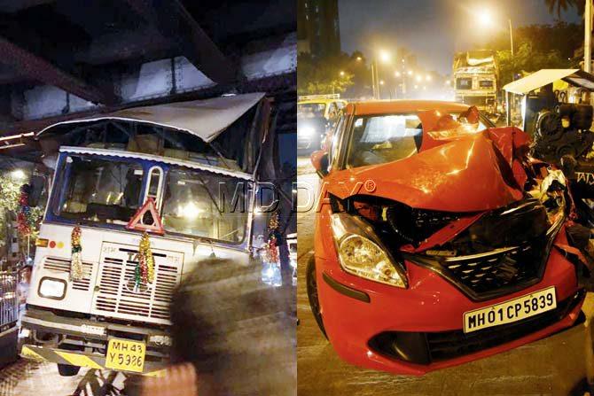 The container truck stuck under the Sion foot overbridge; and the car that crashed into it. Pic/ Pradeep Dhivar
