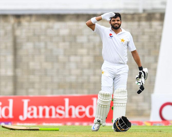 Azhar Ali of Pakistan celebrates his century during the 3rd day of the 2nd Test match between West Indies and Pakistan. Pic/AFP