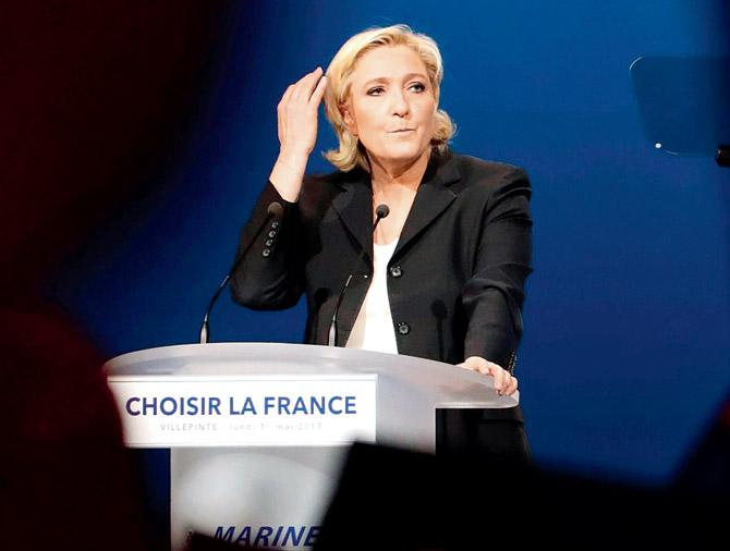 Presidential election candidate Marine Le Pen delivers a speech. Pic/AFP