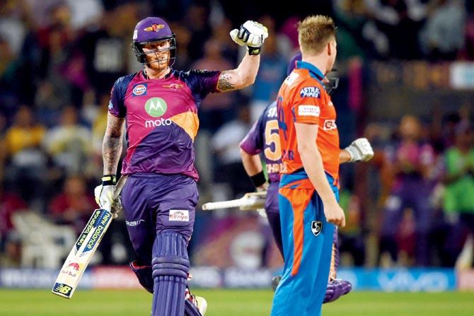Rising Pune Supergiant’s Ben Stokes celebrates his ton against Gujarat Lions in Pune on Monday. Pic/AFP