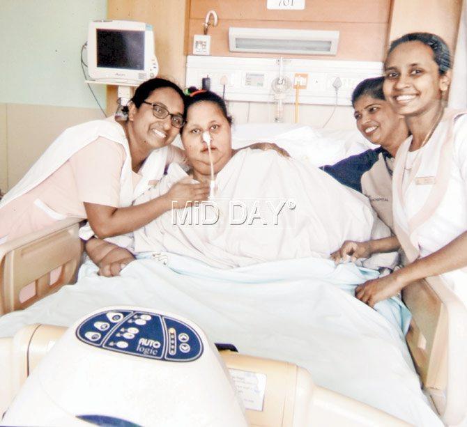 Eman surrounded by her loving nurses at Saifee Hospital on the eve of her departure. Pic/Pradeep Dhivar