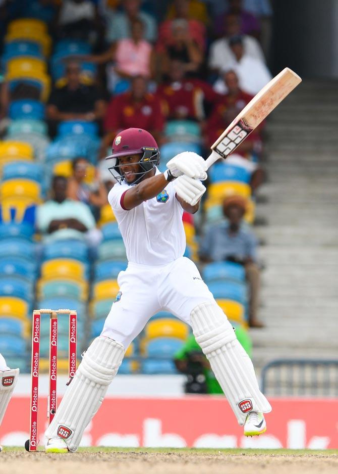 Shai Hope of West Indies hits 4 during the 4th day of the 2nd Test match between West Indies and Pakistan. Pic/AFP
