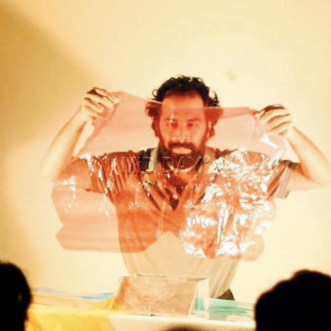 Gerish Khemani during a presentation titled Unravelling The Self, in which he played with gelatin paper in an object theatre workshop in July 2016