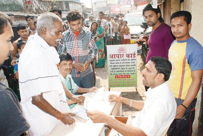 An Aadhaar card submission queue at Hanuman Nagar, Kandivli (East)