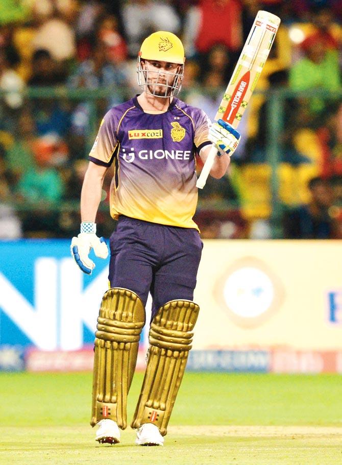 KKR’s Chris Lynn celebrates after reaching his half-century against RCB in Bangalore yesterday. Pic/AFP
