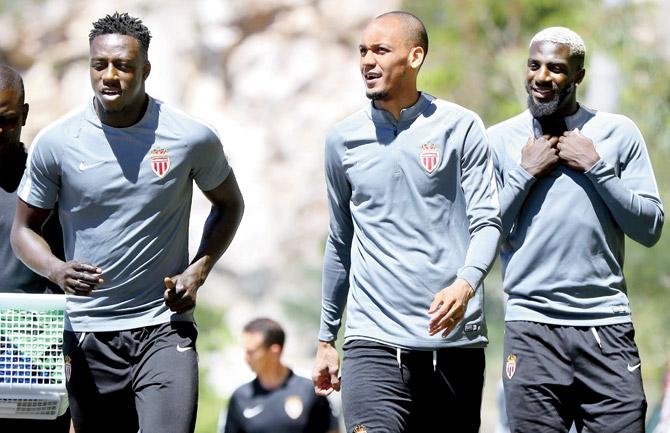 Monaco defenders Benjamin Mendy (left), Fabinho (centre) and Tiemoue Bakayoko during a training session on the eve of their Champions League second leg semi-final clash against Juventus in Turin yesterday. Juventus beat Monaco 2-0 in the first leg at France last week. Pic/AFP