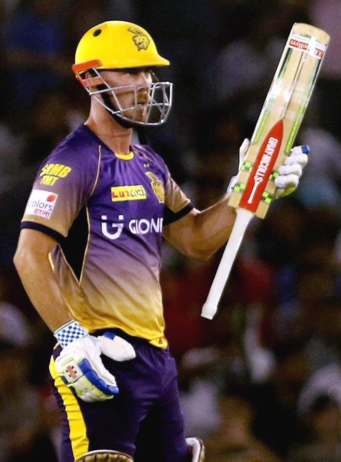 Chris Lynn of KKR celebrates his half century during an IPL match against Kings XI Punjab in Mohali on Tuesday. Pic/PTI