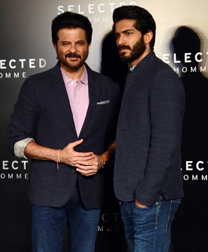  Bollywood actor Anil Kapoor (L) and his son, actor Harshvardhan Kapoor, pose for a photograph during a promotional event in Mumbai late on Friday. Pic/AFP