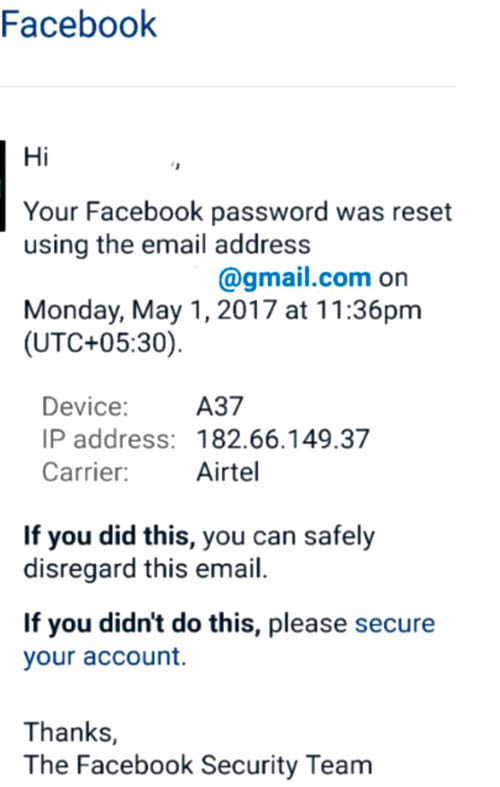 Email alert from FB