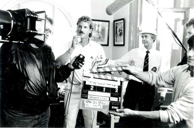 England all-rounder Ian Botham and Aussie umpire Dick French shoot for a film at the Sydney Cricket Ground in October 1986. Pic/graham morris, mid-day archives