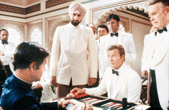 Kabir Bedi (in turban) with Moore in a still from Octopussy