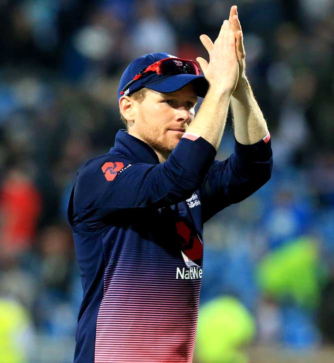 England captain Eoin Morgan acknowledges the crowd as he celebrates victory after the first One-Day International between England and South Africa at Headingley. Pic/AFP