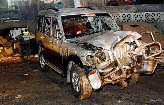 The badly smashed up Scorpio after the accident