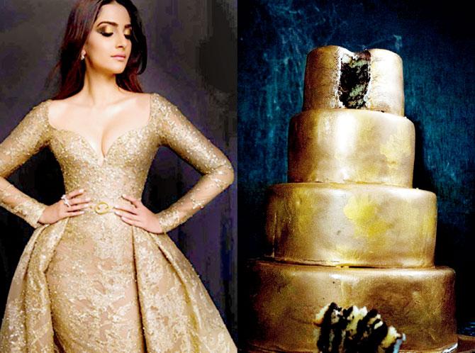 A champagne and chocolate tier cake inspired by Sonam Kapoor