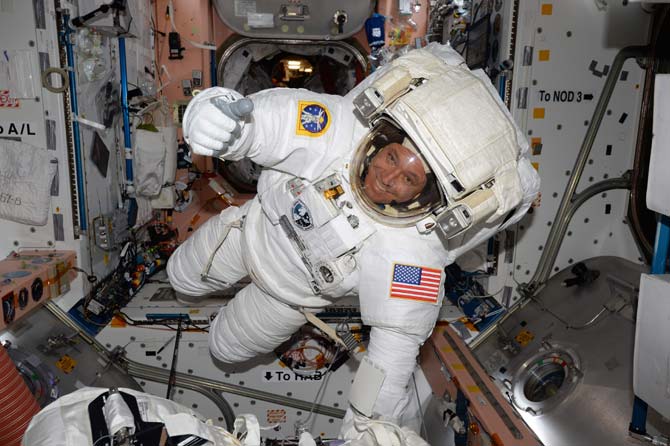NASA handout photo obtained May 12, 2017 shows Expedition 51 Flight Engineer Jack Fischer of NASA seen inside the International Space Station (ISS) in his spacesuit during a fit check, in preparation for a spacewalk. Pic/PTI