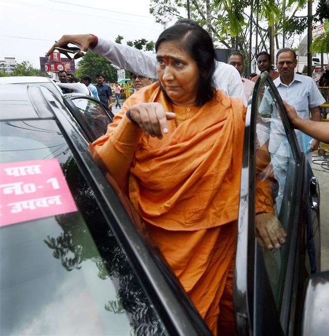 BJP senior leader Sadhvi Ritambhara, one of the accused in the Babri Masjid demolition case arrives in Lucknow to appear before a Special CBI court on Tuesday