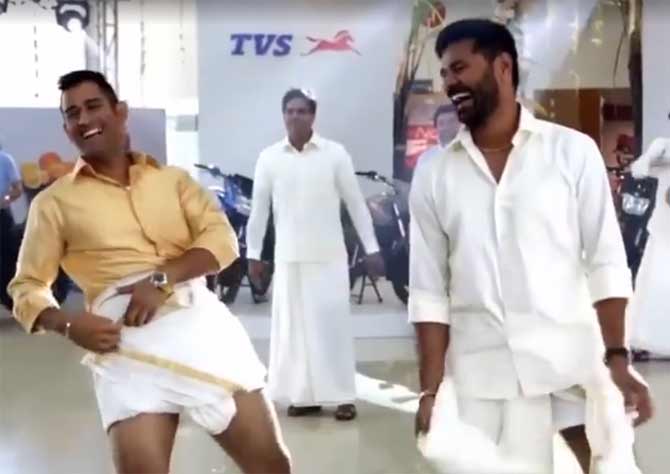 Screengrab from the video showing MS Dhoni and Prabhudeva dancing