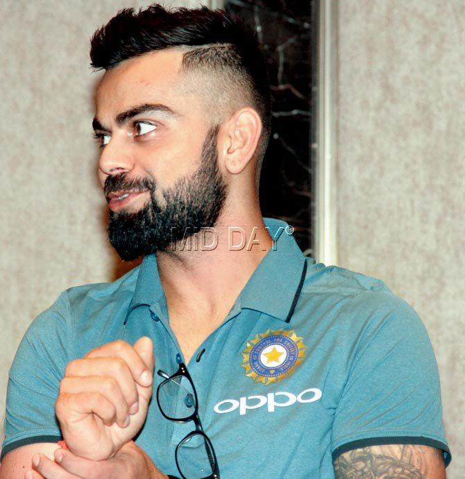 India skipper Virat Kohli speaks to the media prior to the Indian team’s departure to UK for the Champions Trophy yesterday. India are defending champs since they won the 2013 title in England. PIC/SAMEER MARKANDE