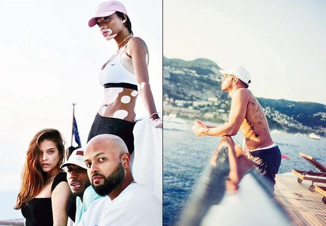 Winnie Harlow (standing) posted this picture of the yacht party with Barbara Palvin on Instagram. (Right) Lewis Hamilton