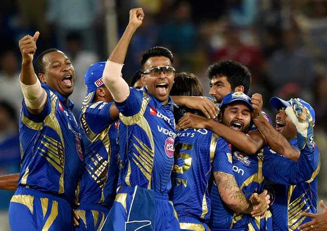Mumbai Indians players celebrate after winning the IPL 10 Final match against Rising Pune Supergiants in Hyderabad on Sunday. PTI